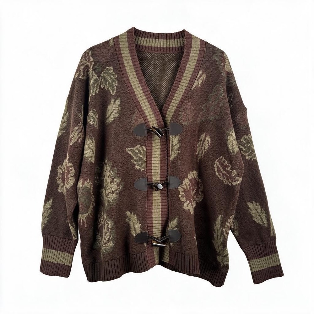 Driftwood toggle Cardigan L Brown Leaf Print Cottagecore academia goblin